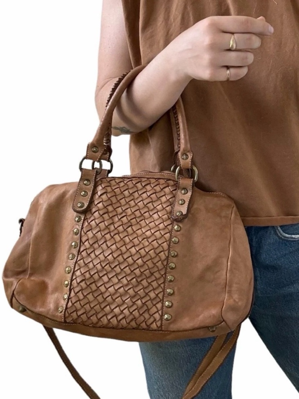Costanza Rota Leather Duffel Bag Brown Woven Sudded SHoulder Bag Made In Italy